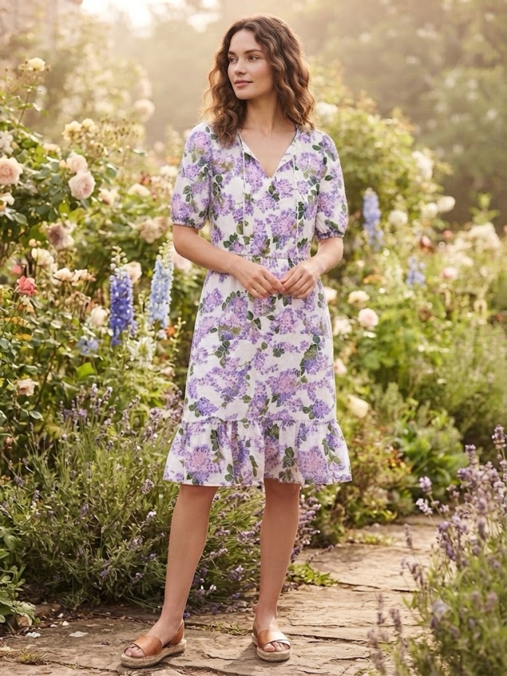 Lilac Floral Ruffle Hem Cotton Cottagecore Dress